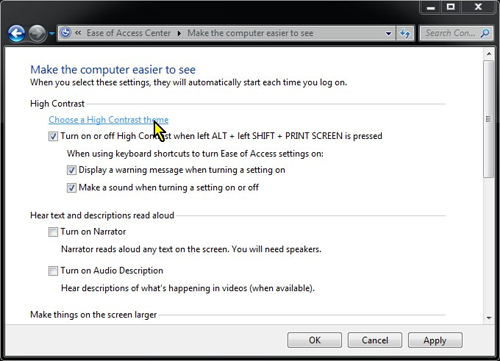 Windows 7 Ease of Access Settings
